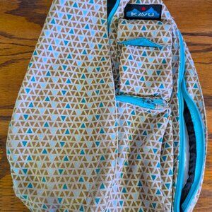 Kavu Rope Sling Bag Backpack Beige Teal/Brown Triangle Geometric Mini Specks